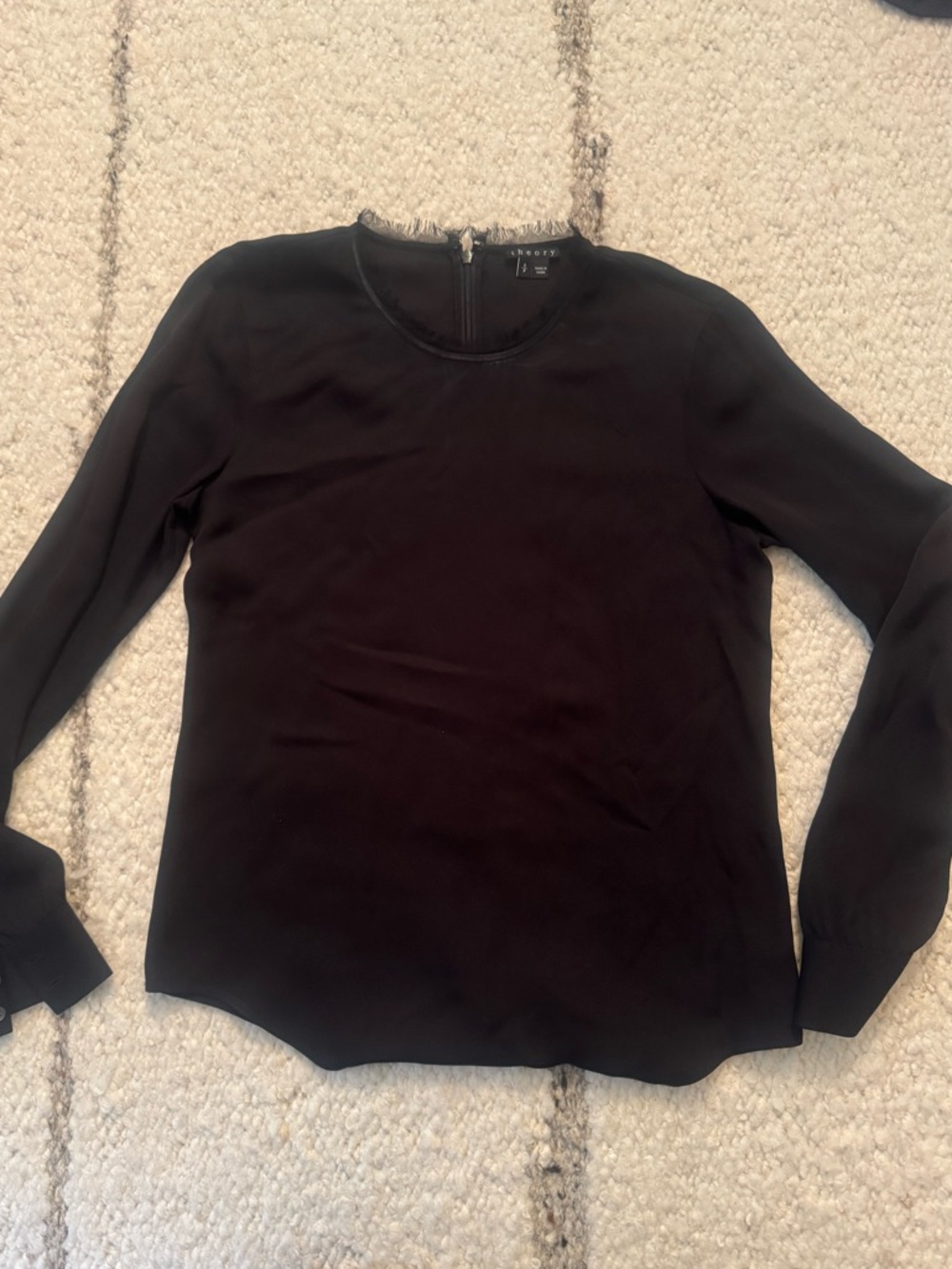 Theory Black Long-Sleeve Silk Crewneck Blouse